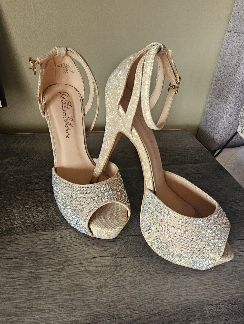 Champagne Crystal Peep-Toe Ankle Strap Heels